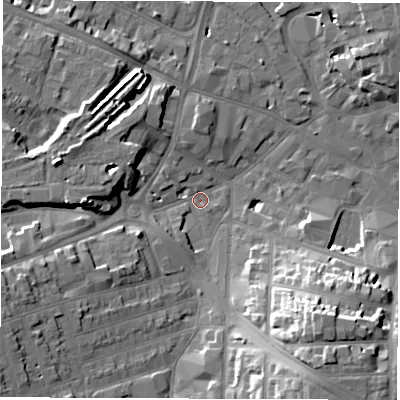Shaded relief map of the ground around DE11LN, computed from Environment Agency LiDAR. The ground here sits at about 49 m above sea level and falls 21 m across the surrounding 800 m. Surface water reaching this point runs off ground lying to the south-east, 18.1 m higher.