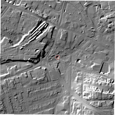Shaded relief map of the ground around DE11LP, computed from Environment Agency LiDAR. The ground here sits at about 48 m above sea level and falls 21 m across the surrounding 800 m. Surface water reaching this point runs off ground lying to the south-east, 17.8 m higher.