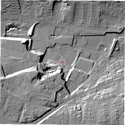 Shaded relief map of the ground around DE11LY, computed from Environment Agency LiDAR. The ground here sits at about 60 m above sea level and falls 29 m across the surrounding 800 m. Surface water reaching this point runs off ground lying to the south-west, 22.3 m higher.