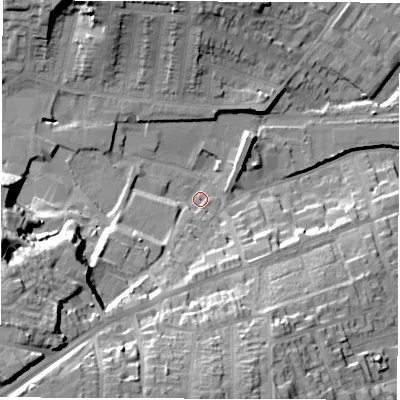 Shaded relief map of the ground around DE11NE, computed from Environment Agency LiDAR. The ground here sits at about 57 m above sea level and falls 29 m across the surrounding 800 m. Surface water reaching this point runs off ground lying to the south-west, 26.0 m higher.