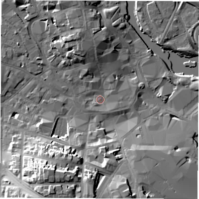 Shaded relief map of the ground around DE11QH, computed from Environment Agency LiDAR. The ground here sits at about 46 m above sea level and falls 23 m across the surrounding 800 m. Surface water reaching this point runs off ground lying to the east, 1.5 m higher.