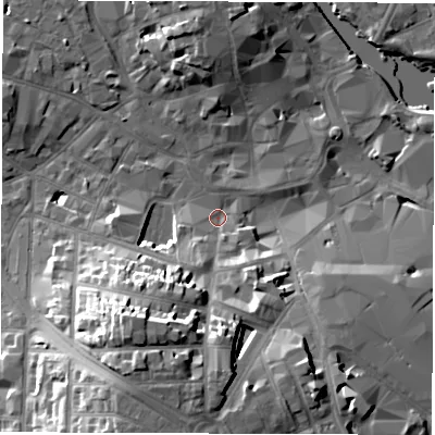 Shaded relief map of the ground around DE11QQ, computed from Environment Agency LiDAR. The ground here sits at about 47 m above sea level and falls 23 m across the surrounding 800 m. Surface water reaching this point runs off ground lying to the south-south-west, 20.7 m higher.