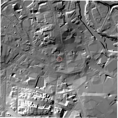 Shaded relief map of the ground around DE11QT, computed from Environment Agency LiDAR. The ground here sits at about 47 m above sea level and falls 23 m across the surrounding 800 m. Surface water reaching this point runs off ground lying to the north-north-west, 7.5 m higher.