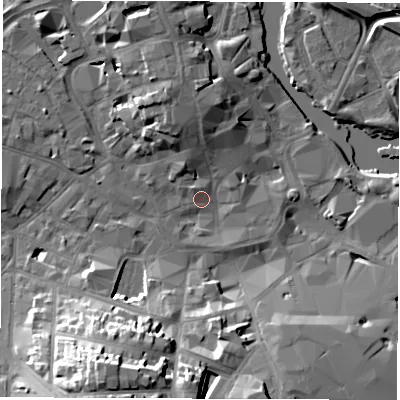 Shaded relief map of the ground around DE11QZ, computed from Environment Agency LiDAR. The ground here sits at about 47 m above sea level and falls 24 m across the surrounding 800 m. Surface water reaching this point runs off ground lying to the north-north-west, 7.5 m higher.