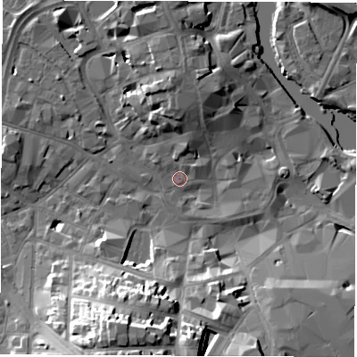 Shaded relief map of the ground around DE11RF, computed from Environment Agency LiDAR. The ground here sits at about 47 m above sea level and falls 23 m across the surrounding 800 m. Surface water reaching this point runs off ground lying to the north, 7.5 m higher.