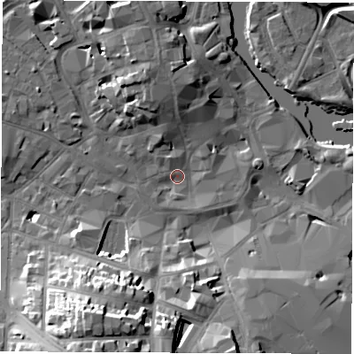 Shaded relief map of the ground around DE11RL, computed from Environment Agency LiDAR. The ground here sits at about 47 m above sea level and falls 24 m across the surrounding 800 m. Surface water reaching this point runs off ground lying to the north-north-west, 7.5 m higher.
