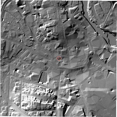 Shaded relief map of the ground around DE11RN, computed from Environment Agency LiDAR. The ground here sits at about 47 m above sea level and falls 23 m across the surrounding 800 m. Surface water reaching this point runs off ground lying to the north-west, 2.0 m higher.