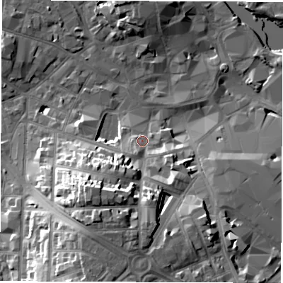 Shaded relief map of the ground around DE11RP, computed from Environment Agency LiDAR. The ground here sits at about 50 m above sea level and falls 23 m across the surrounding 800 m. Surface water reaching this point runs off ground lying to the south-south-west, 18.4 m higher.