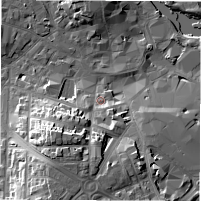 Shaded relief map of the ground around DE11RS, computed from Environment Agency LiDAR. The ground here sits at about 50 m above sea level and falls 23 m across the surrounding 800 m. Surface water reaching this point runs off ground lying to the south-west, 17.7 m higher.