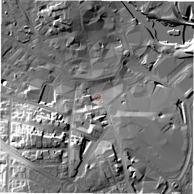 Shaded relief map of the ground around DE11SH, computed from Environment Agency LiDAR. The ground here sits at about 47 m above sea level and falls 25 m across the surrounding 800 m. Surface water reaching this point runs off ground lying to the south-south-west, 19.9 m higher.