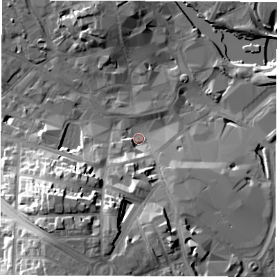 Shaded relief map of the ground around DE11SL, computed from Environment Agency LiDAR. The ground here sits at about 47 m above sea level and falls 25 m across the surrounding 800 m. Surface water reaching this point runs off ground lying to the south-south-west, 19.9 m higher.