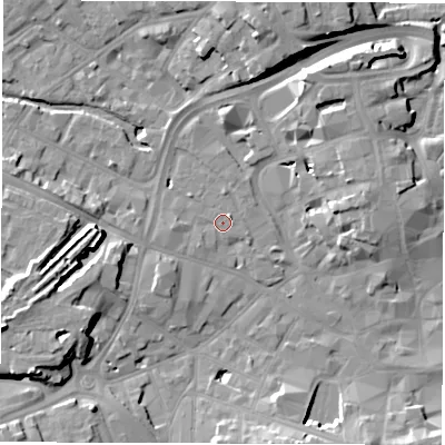 Shaded relief map of the ground around DE11UA, computed from Environment Agency LiDAR. The ground here sits at about 49 m above sea level and falls 14 m across the surrounding 800 m. Surface water reaching this point runs off ground lying to the west, 1.4 m higher.
