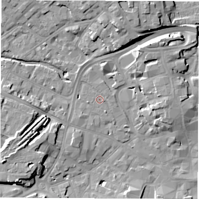 Shaded relief map of the ground around DE11UB, computed from Environment Agency LiDAR. The ground here sits at about 49 m above sea level and falls 14 m across the surrounding 800 m. Surface water reaching this point runs off ground lying to the west-south-west, 10.7 m higher.