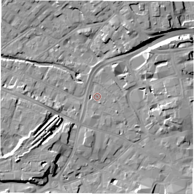Shaded relief map of the ground around DE11UD, computed from Environment Agency LiDAR. The ground here sits at about 49 m above sea level and falls 14 m across the surrounding 800 m. Surface water reaching this point runs off ground lying to the south-south-east, 1.0 m higher.