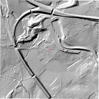 Shaded relief map of the ground around DE126BA, computed from Environment Agency LiDAR. The ground here sits at about 87 m above sea level and falls 24 m across the surrounding 800 m. Surface water reaching this point runs off ground lying to the north-north-east, 2.5 m higher.