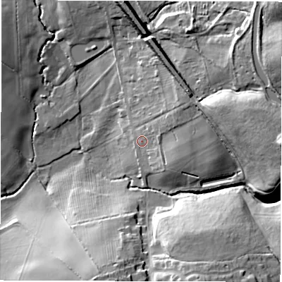 Shaded relief map of the ground around DE126BB, computed from Environment Agency LiDAR. The ground here sits at about 82 m above sea level and falls 25 m across the surrounding 800 m. Surface water reaching this point runs off ground lying to the east-north-east, 15.6 m higher.