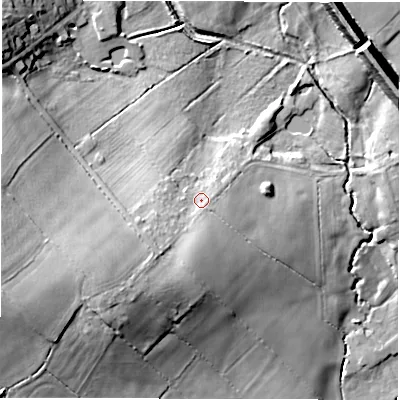 Shaded relief map of the ground around DE126BL, computed from Environment Agency LiDAR. The ground here sits at about 88 m above sea level and falls 25 m across the surrounding 800 m. Surface water reaching this point runs off ground lying to the south-west, 11.2 m higher.