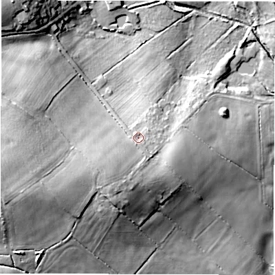 Shaded relief map of the ground around DE126BN, computed from Environment Agency LiDAR. The ground here sits at about 91 m above sea level and falls 26 m across the surrounding 800 m. Surface water reaching this point runs off ground lying to the south-west, 6.2 m higher.