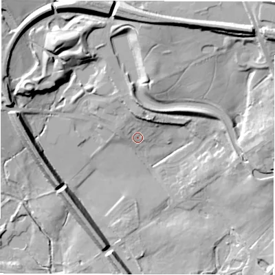 Shaded relief map of the ground around DE126BP, computed from Environment Agency LiDAR. The ground here sits at about 84 m above sea level and falls 25 m across the surrounding 800 m. Surface water reaching this point runs off ground lying to the north-east, 23.7 m higher.