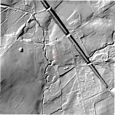 Shaded relief map of the ground around DE126BW, computed from Environment Agency LiDAR. The ground here sits at about 82 m above sea level and falls 19 m across the surrounding 800 m. Surface water reaching this point runs off ground lying to the north-north-east, 3.5 m higher.