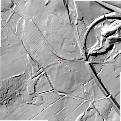Shaded relief map of the ground around DE126BX, computed from Environment Agency LiDAR. The ground here sits at about 89 m above sea level and falls 25 m across the surrounding 800 m. Surface water reaching this point runs off ground lying to the north-north-east, 4.3 m higher.