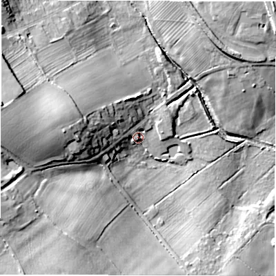 Shaded relief map of the ground around DE126JD, computed from Environment Agency LiDAR. The ground here sits at about 86 m above sea level and falls 25 m across the surrounding 800 m. Surface water reaching this point runs off ground lying to the west, 4.3 m higher.