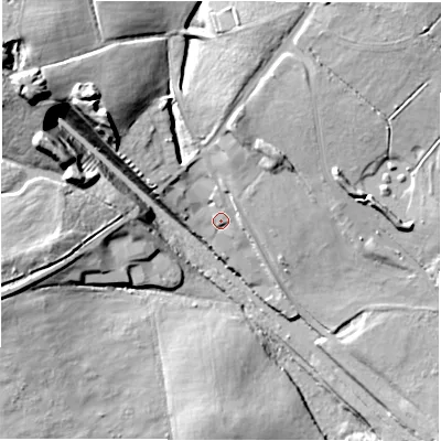 Shaded relief map of the ground around DE126JT, computed from Environment Agency LiDAR. The ground here sits at about 97 m above sea level and falls 31 m across the surrounding 800 m. Surface water reaching this point runs off ground lying to the north-west, 23.1 m higher.