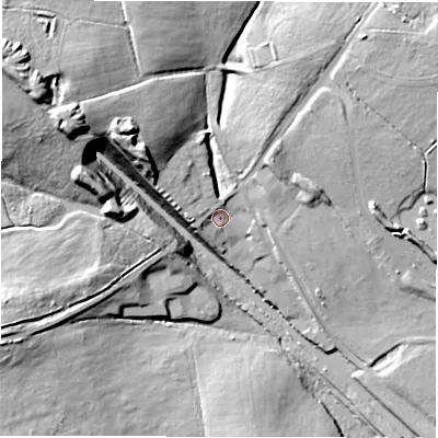 Shaded relief map of the ground around DE126JX, computed from Environment Agency LiDAR. The ground here sits at about 98 m above sea level and falls 31 m across the surrounding 800 m. Surface water reaching this point runs off ground lying to the west-north-west, 3.0 m higher.