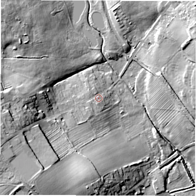 Shaded relief map of the ground around DE126LX, computed from Environment Agency LiDAR. The ground here sits at about 89 m above sea level and falls 25 m across the surrounding 800 m. Surface water reaching this point runs off ground lying to the south-south-west, 4.3 m higher.