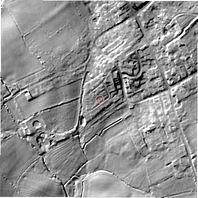 Shaded relief map of the ground around DE126NS, computed from Environment Agency LiDAR. The ground here sits at about 94 m above sea level and falls 21 m across the surrounding 800 m. Surface water reaching this point runs off ground lying to the north-north-east, 5.4 m higher.