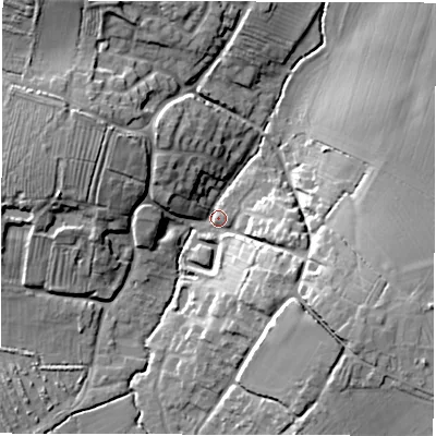 Shaded relief map of the ground around DE127AA, computed from Environment Agency LiDAR. The ground here sits at about 86 m above sea level and falls 16 m across the surrounding 800 m. Surface water reaching this point runs off ground lying to the south-east, 15.1 m higher.