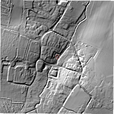 Shaded relief map of the ground around DE127AD, computed from Environment Agency LiDAR. The ground here sits at about 85 m above sea level and falls 16 m across the surrounding 800 m. Surface water reaching this point runs off ground lying to the south-east, 15.1 m higher.