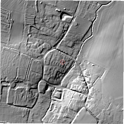 Shaded relief map of the ground around DE127AE, computed from Environment Agency LiDAR. The ground here sits at about 89 m above sea level and falls 16 m across the surrounding 800 m. Surface water reaching this point runs off ground lying to the west, 5.4 m higher.