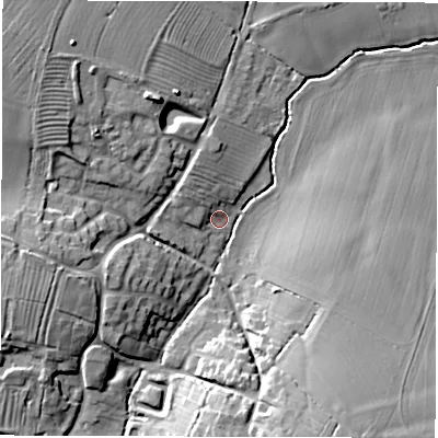 Shaded relief map of the ground around DE127AG, computed from Environment Agency LiDAR. The ground here sits at about 85 m above sea level and falls 16 m across the surrounding 800 m. Surface water reaching this point runs off ground lying to the north-west, 14.4 m higher.