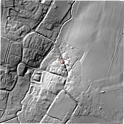 Shaded relief map of the ground around DE127AQ, computed from Environment Agency LiDAR. The ground here sits at about 88 m above sea level and falls 16 m across the surrounding 800 m. Surface water reaching this point runs off ground lying to the south-south-east, 11.6 m higher.