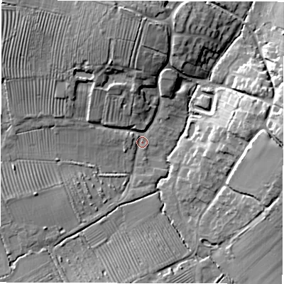 Shaded relief map of the ground around DE127BB, computed from Environment Agency LiDAR. The ground here sits at about 88 m above sea level and falls 14 m across the surrounding 800 m. Surface water reaching this point runs off ground lying to the north-west, 10.5 m higher.