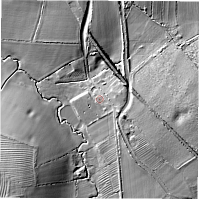 Shaded relief map of the ground around DE127BY, computed from Environment Agency LiDAR. The ground here sits at about 90 m above sea level and falls 17 m across the surrounding 800 m. Surface water reaching this point runs off ground lying to the east-south-east, 2.1 m higher.