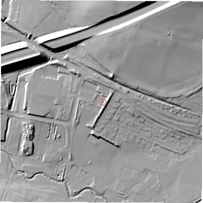 Shaded relief map of the ground around DE127DS, computed from Environment Agency LiDAR. The ground here sits at about 86 m above sea level and falls 35 m across the surrounding 800 m. Surface water reaching this point runs off ground lying to the north-north-east, 3.7 m higher.