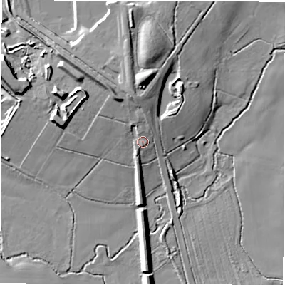 Shaded relief map of the ground around DE127EH, computed from Environment Agency LiDAR. The ground here sits at about 88 m above sea level and falls 16 m across the surrounding 800 m. Surface water reaching this point runs off ground lying to the north, 2.8 m higher.