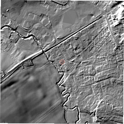 Shaded relief map of the ground around DE127GD, computed from Environment Agency LiDAR. The ground here sits at about 77 m above sea level and falls 24 m across the surrounding 800 m. Surface water reaching this point runs off ground lying to the north-east, 8.8 m higher.