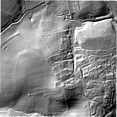 Shaded relief map of the ground around DE127PR, computed from Environment Agency LiDAR. The ground here sits at about 99 m above sea level and falls 35 m across the surrounding 800 m. Surface water reaching this point runs off ground lying to the south-south-east, 2.9 m higher.