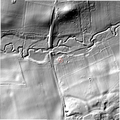 Shaded relief map of the ground around DE128AU, computed from Environment Agency LiDAR. The ground here sits at about 72 m above sea level and falls 21 m across the surrounding 800 m. Surface water reaching this point runs off ground lying to the south-south-east, 9.6 m higher.