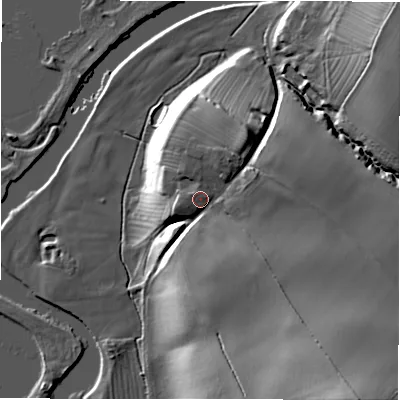 Shaded relief map of the ground around DE128LL, computed from Environment Agency LiDAR. The ground here sits at about 64 m above sea level and falls 36 m across the surrounding 800 m. Surface water reaching this point runs off ground lying to the south-east, 19.9 m higher.