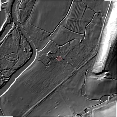 Shaded relief map of the ground around DE128LN, computed from Environment Agency LiDAR. The ground here sits at about 51 m above sea level and falls 32 m across the surrounding 800 m. Surface water reaching this point runs off ground lying to the west-north-west, 2.8 m higher.
