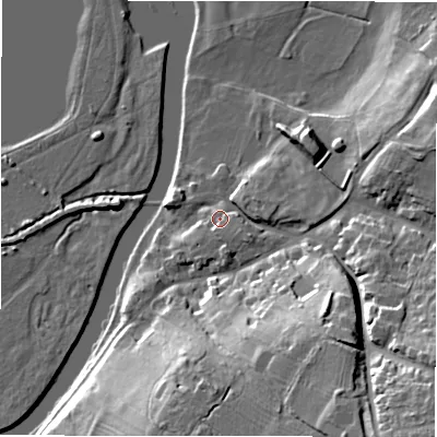 Shaded relief map of the ground around DE128NA, computed from Environment Agency LiDAR. The ground here sits at about 50 m above sea level and falls 28 m across the surrounding 800 m. Surface water reaching this point runs off ground lying to the south, 2.6 m higher.