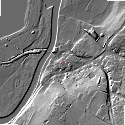 Shaded relief map of the ground around DE128NP, computed from Environment Agency LiDAR. The ground here sits at about 51 m above sea level and falls 29 m across the surrounding 800 m. Surface water reaching this point runs off ground lying to the east-south-east, 1.5 m higher.