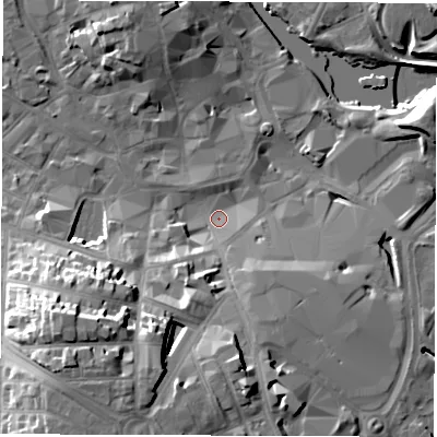 Shaded relief map of the ground around DE12AA, computed from Environment Agency LiDAR. The ground here sits at about 47 m above sea level and falls 25 m across the surrounding 800 m. Surface water reaching this point runs off ground lying to the south-south-west, 19.9 m higher.