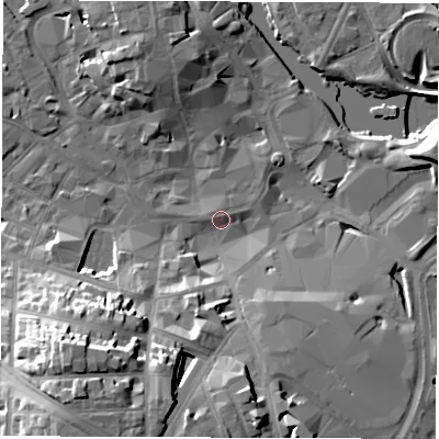 Shaded relief map of the ground around DE12AE, computed from Environment Agency LiDAR. The ground here sits at about 47 m above sea level and falls 25 m across the surrounding 800 m. Surface water reaching this point runs off ground lying to the south-west, 21.4 m higher.