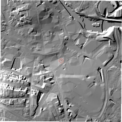 Shaded relief map of the ground around DE12AF, computed from Environment Agency LiDAR. The ground here sits at about 47 m above sea level and falls 26 m across the surrounding 800 m. Surface water reaching this point runs off ground lying to the south-south-west, 19.9 m higher.