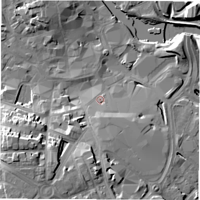 Shaded relief map of the ground around DE12AL, computed from Environment Agency LiDAR. The ground here sits at about 49 m above sea level and falls 25 m across the surrounding 800 m. Surface water reaching this point runs off ground lying to the south, 6.2 m higher.